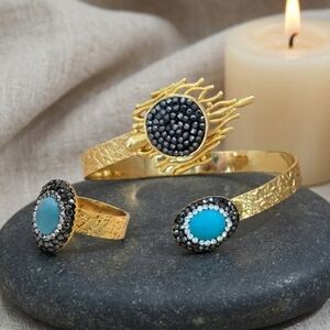 18K Gold Plated Brass Turkish Turquoise & Hematite Cuff Ring Set Boho Artisan